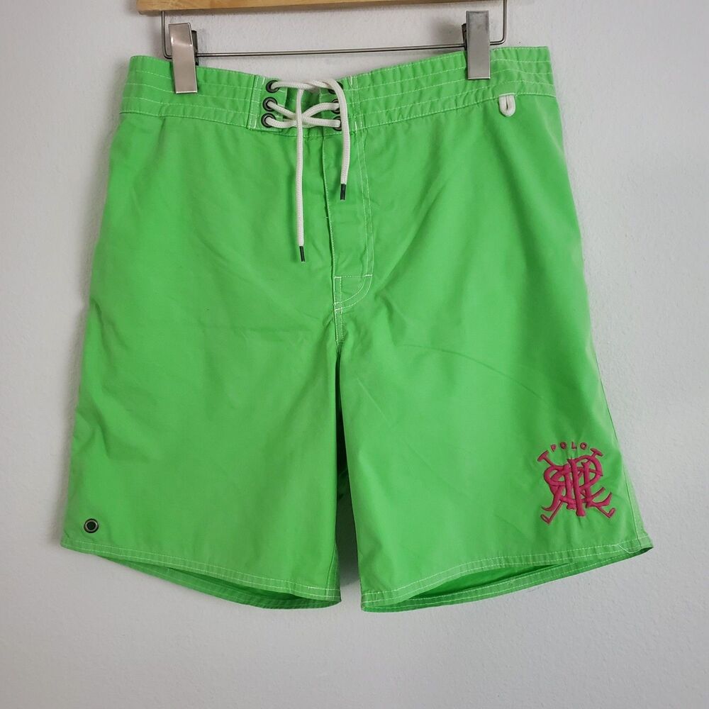 Polo Ralph Lauren Men's Swim Trunks Medium Neon Green Embroidered RL Mallet